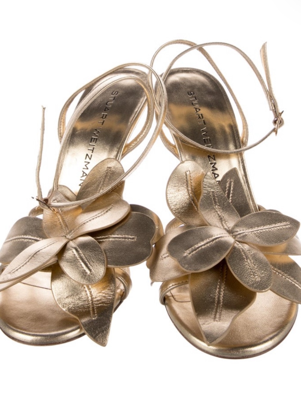 Stuart Weitzman Metallic Gold Floral Ankle-Strap Heels - Picture 2 of 3